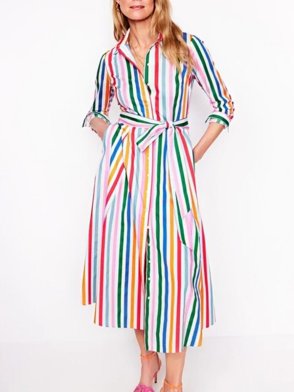 Boden Amy Cotton Midi Shirt Dress  Rainbow Stripe Button Front Belt Pockets 8R